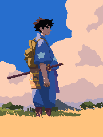Pixel art of samurai in a field