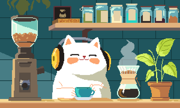 Pixel art of chill cat in a coffee shop